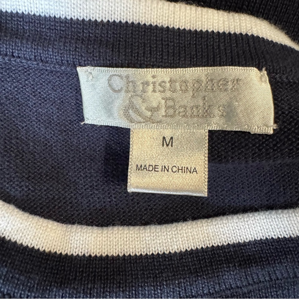 Christopher Banks Patriotic Navy Striped Star Knit Tee Size Medium Granny Chic - Picture 7 of 9